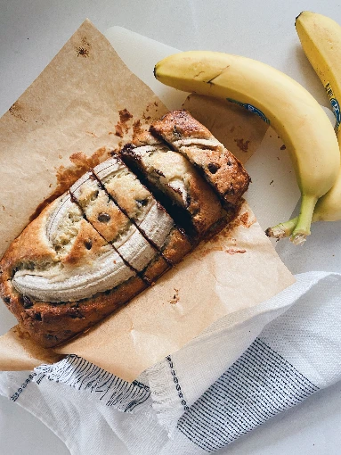 Sliced banana bread seen from above